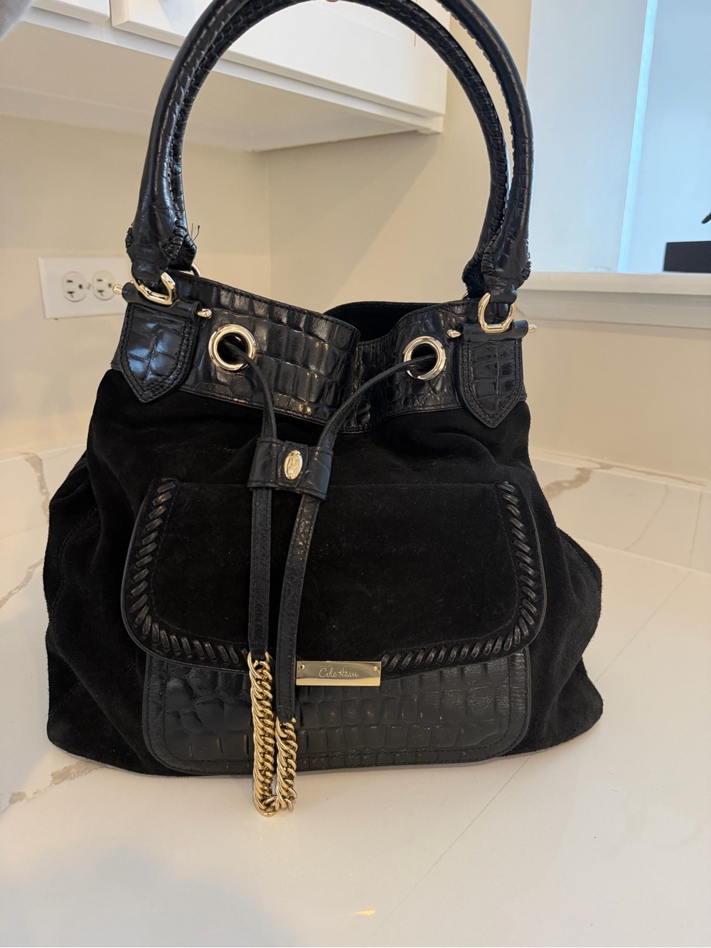 Cole Haan Black Suede Leather Drawstring Hobo Bag